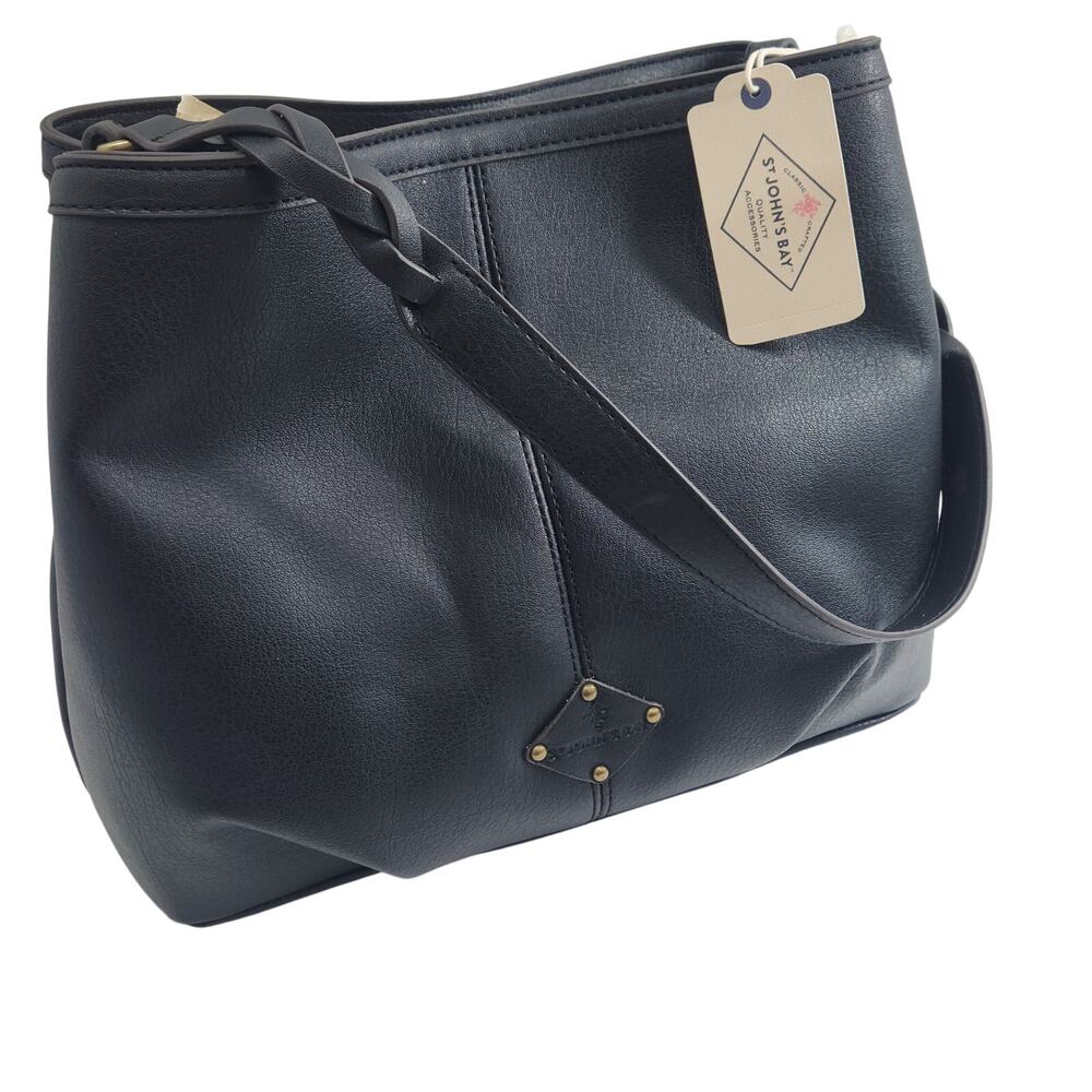 St. John's Bay Black Pebbled Triple-Compartment Hobo Bag with Braided Strap